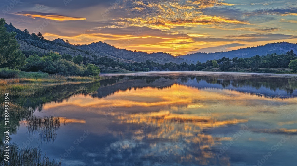 Naklejka premium Serene sunrise over calm lake reflecting colorful sky and hills.