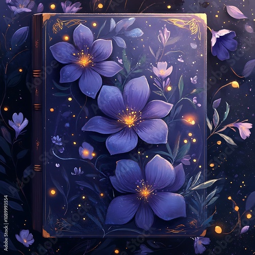 An Enchanting Book Cover with Blooming Purple Flowers and Golden Lights