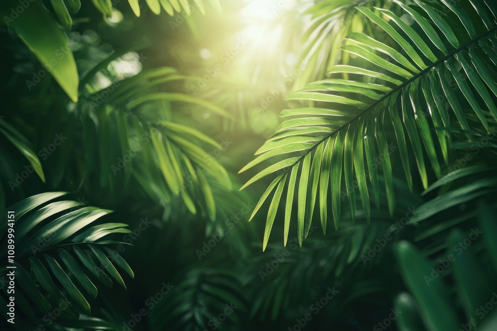 Fototapeta premium Sunlit greenery tropical rainforest nature photography lush environment close-up view serenity and growth