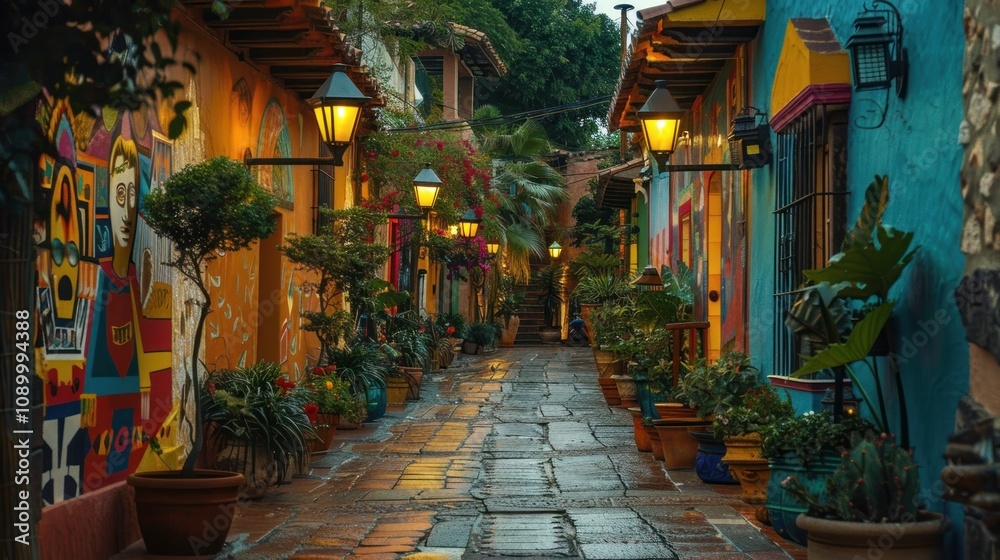 Fototapeta premium Colorful alleyway with vibrant murals and lush plants.