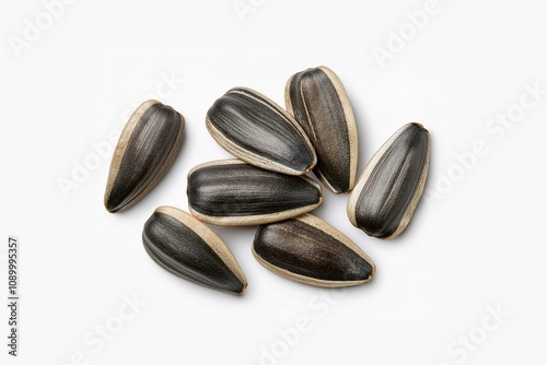 Close up macro photo of Sunflower seeds isolated on white background. Top view photo