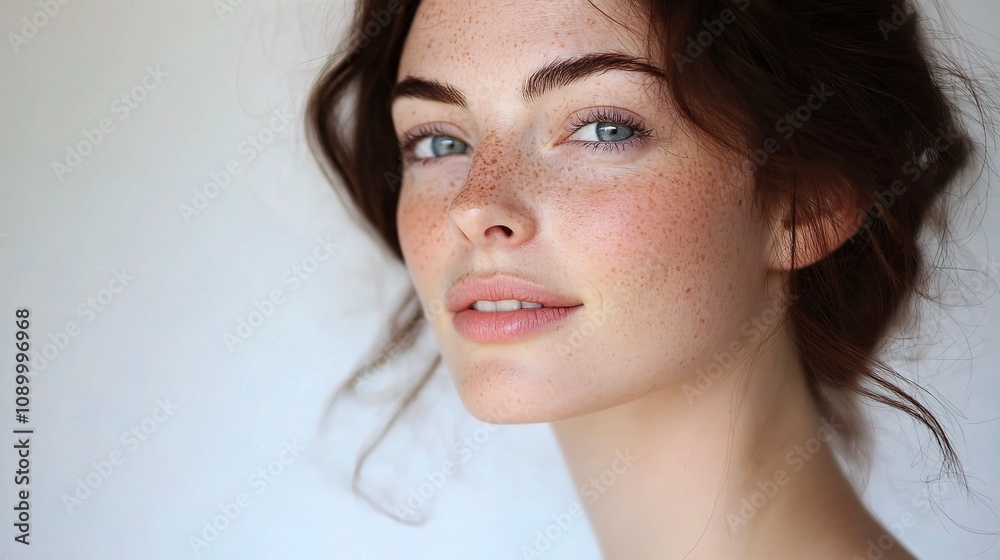 Naklejka premium Captivating Portrait of a Young Woman with Freckles and Natural Beauty in Soft Lighting against a Neutral Background