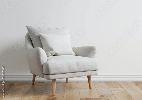 A white armchair with a white pillow sits in front of a white wall with wooden floors