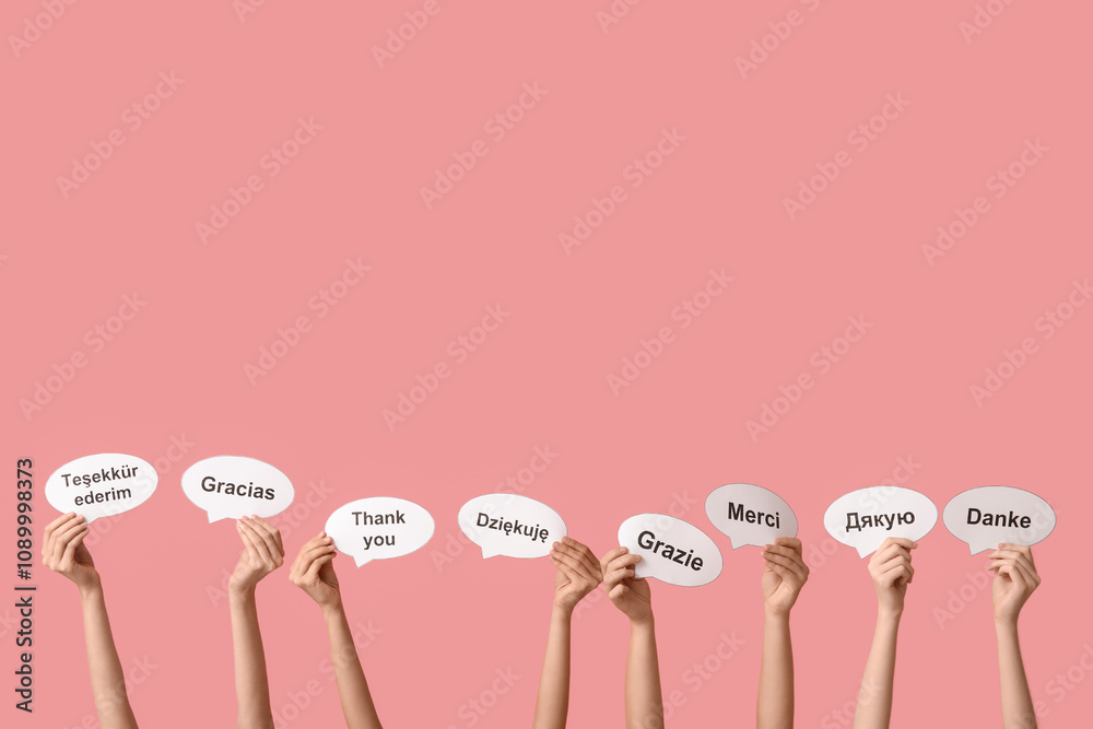 Female hands holding speech bubbles with text THANK YOU in different ...