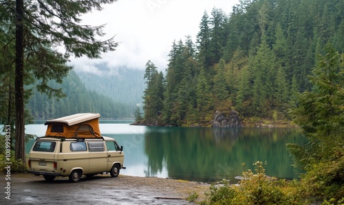 Camper van by serene lake surrounded by lush forest, misty atmosphere, tranquil water reflecting trees photo