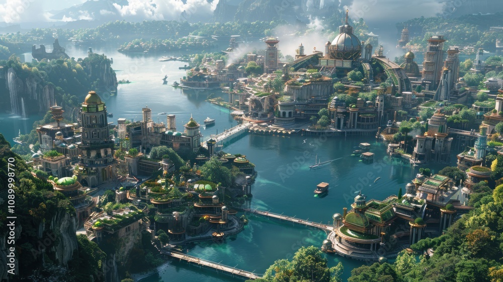 Fototapeta premium A picturesque fantasy city with lush greenery and waterways.