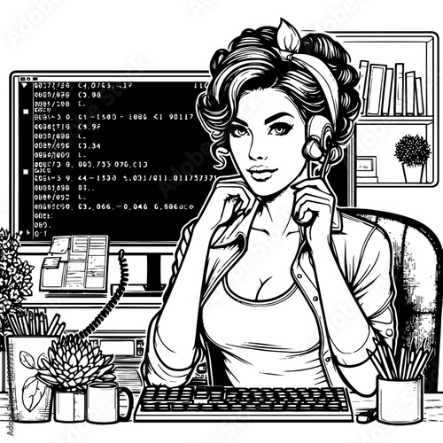 Woman working at computer with code on screen, wearing headset in office setting. Generative ai.