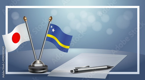 Japan and Curacao Small national flag on bokeh background, cooperative relationship