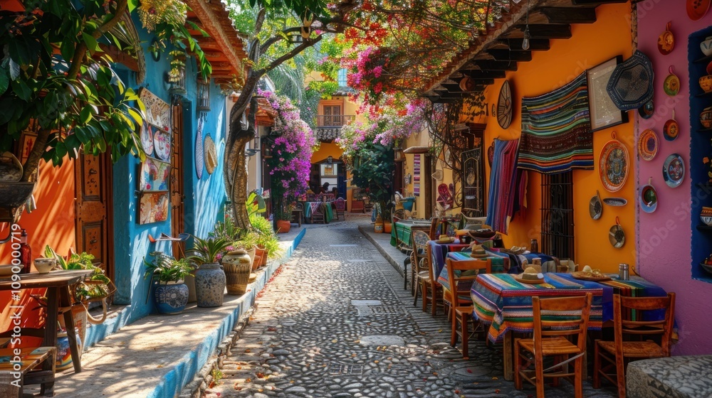 Fototapeta premium Colorful cobblestone street lined with vibrant flowers and tables.