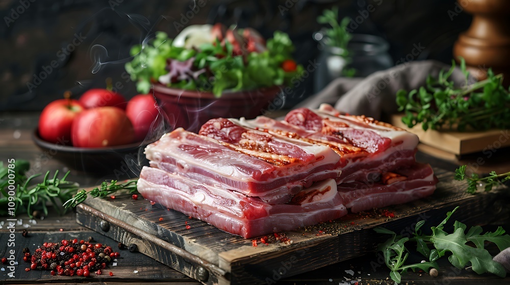 Obraz premium Raw Pork Ribs with Herbs and Spices on a Wooden Board