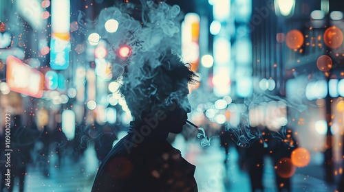 A person smoking a cigarette while walking down a bustling city street, with lights and motion all around