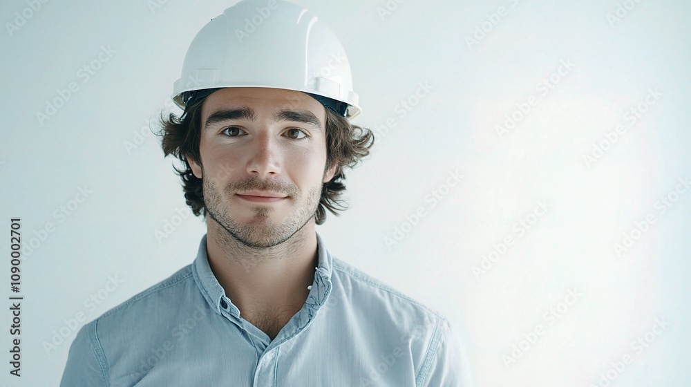 Confident Young Man in Hard Hat Stands Against a Light Background, Representing Safety and Professionalism in Construction Industry, Perfect for Stock Photography Needs Confident Young Man in Hard Hat Stands Against a Light Background, Representing Safety and Professionalism in Construction Industry, Perfect for Stock Photography Needs