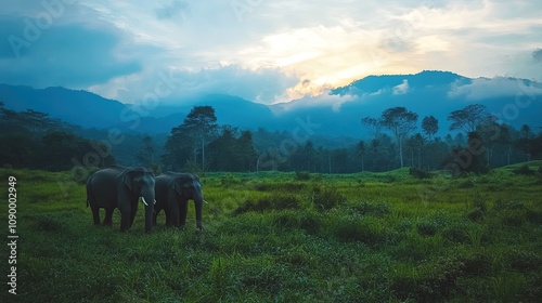 Dua mitra gajah liar Sri Lanka bermain di lapangan rumput di bawah matahari terbenam langit oranye  photo