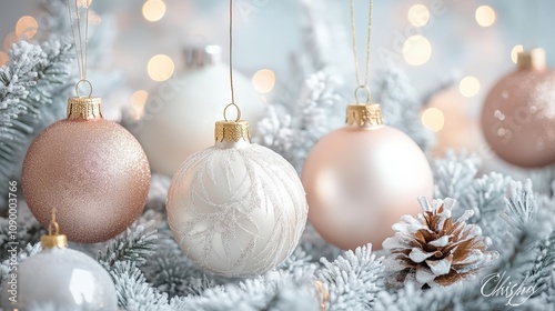 Elegant Christmas Ornaments on Frosted Pine with Soft Bokeh Lights photo