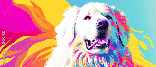 Great Pyrenees Dog in Action: Close-up Vector Illustration of a Cool and Majestic Canine