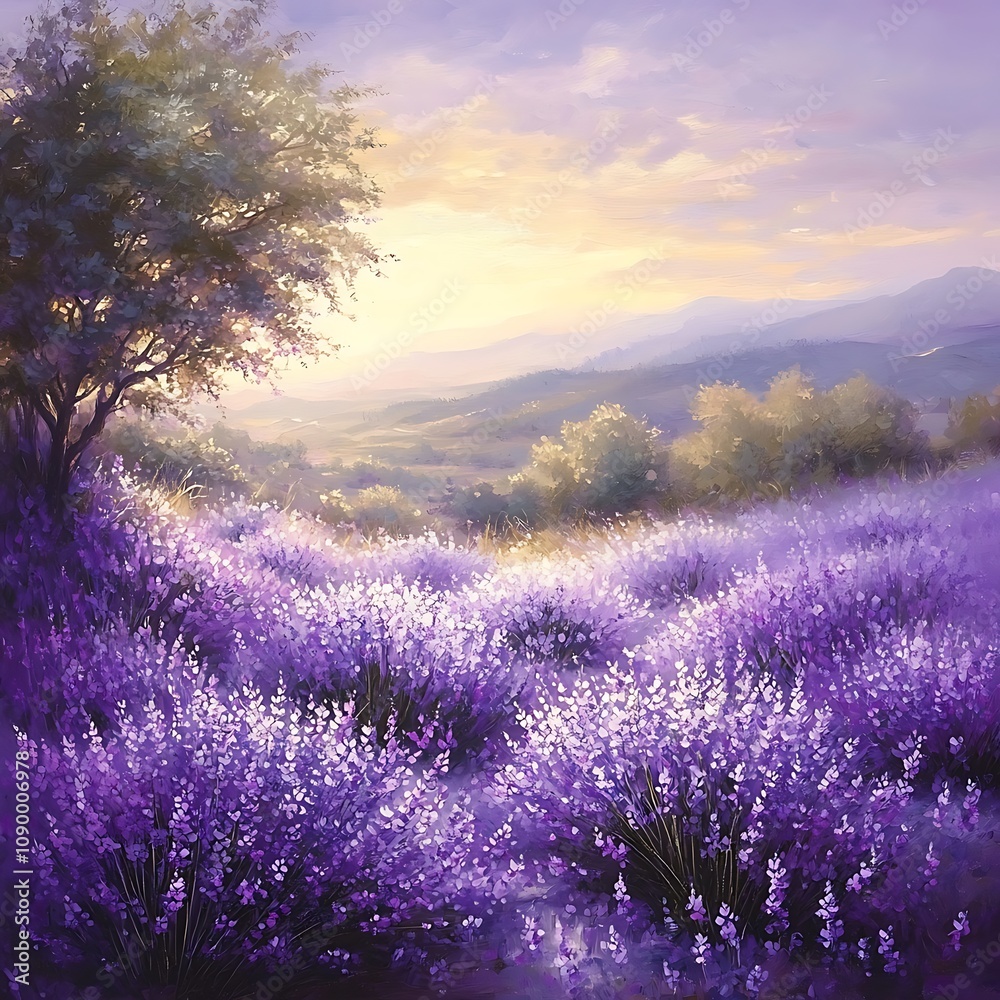 Fototapeta premium Lavender Field at Sunset with a Tree in the Foreground