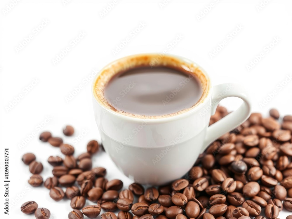 Obraz premium A cup of freshly brewed coffee latte surrounded by aromatic coffee beans, caffeine, coffee