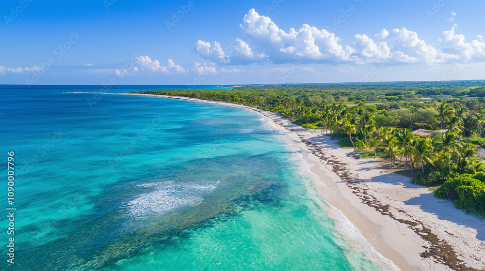 Obraz premium Aerial view of a pristine tropical coastline with turquoise waters