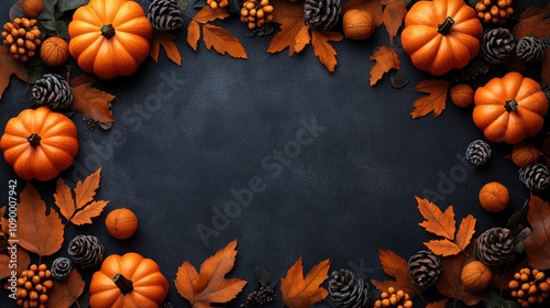 Autumnal frame with pumpkins, leaves, and pine cones on dark background.
