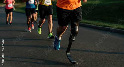 Group of athletes, including male runner with prosthetic leg, running on paved road