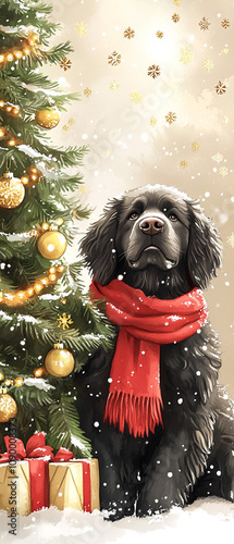 Newfoundland Dog Wearing A Cozy Red Scarf Sitting in Winter Snow