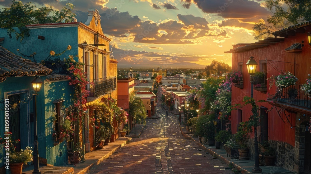 Fototapeta premium Vibrant sunset over a picturesque cobblestone street lined with flowers.