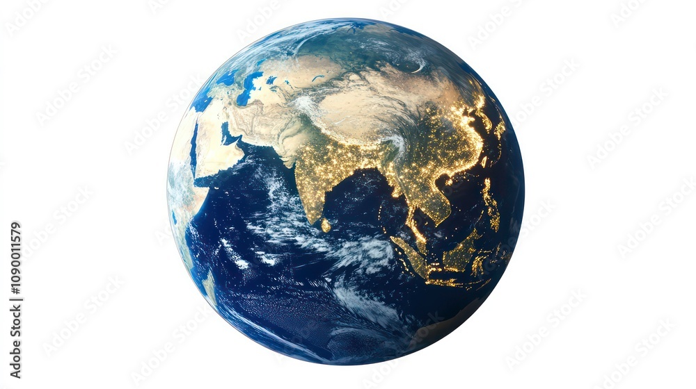 Obraz premium An image of the earth from space, showing night lights, an asia map, and an image of china and india isolated on a white background, in a png format