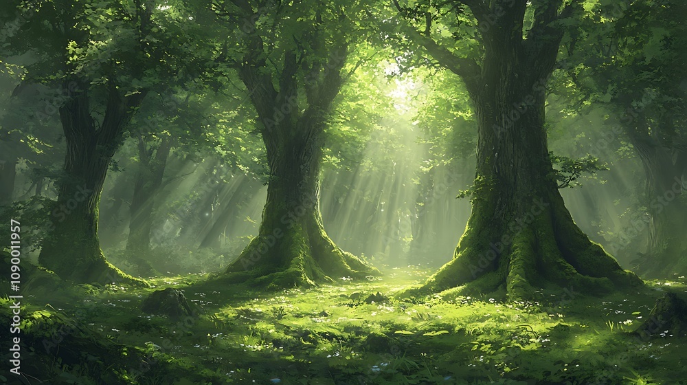 Fototapeta premium Sunlight filtering through trees forest nature scene serene atmosphere