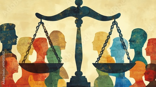 A stylized illustration of a scale with two groups of people on each side representing equality and justice.