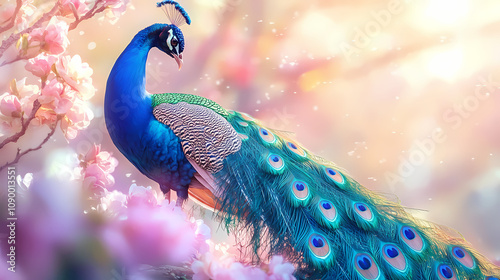 Vibrant peacock stands gracefully amidst pastel colored blossoms, showcasing its stunning feathers. Elegant Peacock Feathers. Illustration