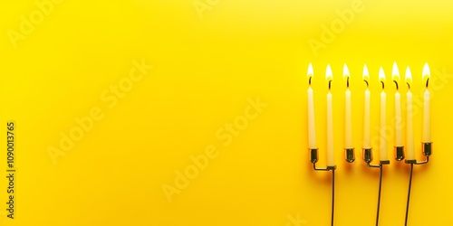 Menorah candles beautifully displayed on the right side of a sunny yellow panoramic background, with ample copy space to spare.