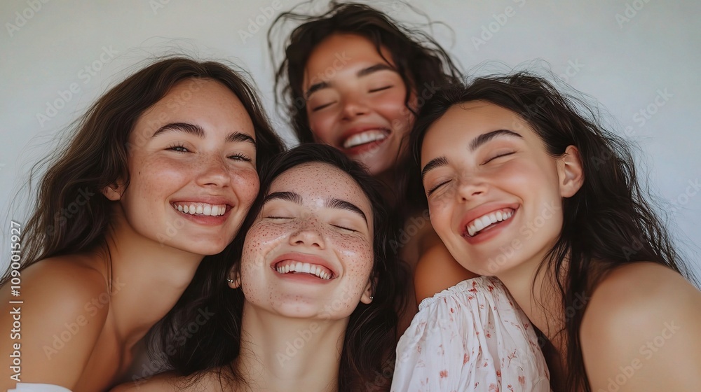 Obraz premium Four Smiling Women Posing Together in a Joyful Group Portrait, Showcasing Natural Beauty and Happiness in a Bright and Airy Setting