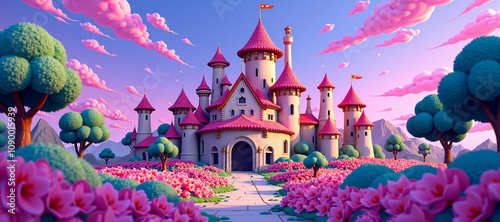 Fairytale castle in pink surrounded by vibrant flowers