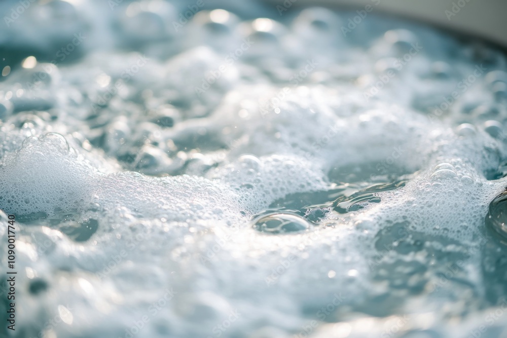 Obraz premium A close-up of foam from a hot tub, with swirling bubbles and frothy water filling the surface. The warm, steamy foam invites relaxation, capturing the essence of a cozy and indulgent spa experience.