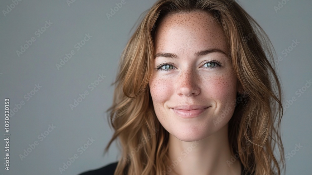Naklejka premium Natural Portrait of a Smiling Woman with Freckles, Capturing Genuine Emotion and Radiant Beauty in Soft Lighting, Ideal for Stock Photography Collections