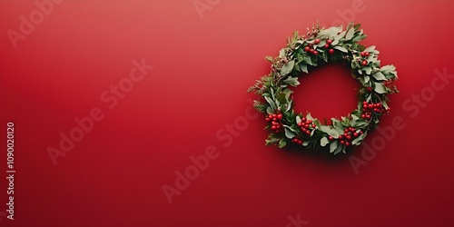 Vibrant holiday wreath web banner. Traditional Christmas wreath isolated on red background with copy space.