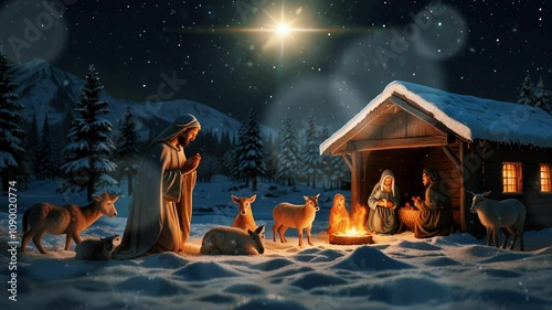Nativity scene depicting the birth of Jesus surrounded by animals and visitors in a snowy landscape