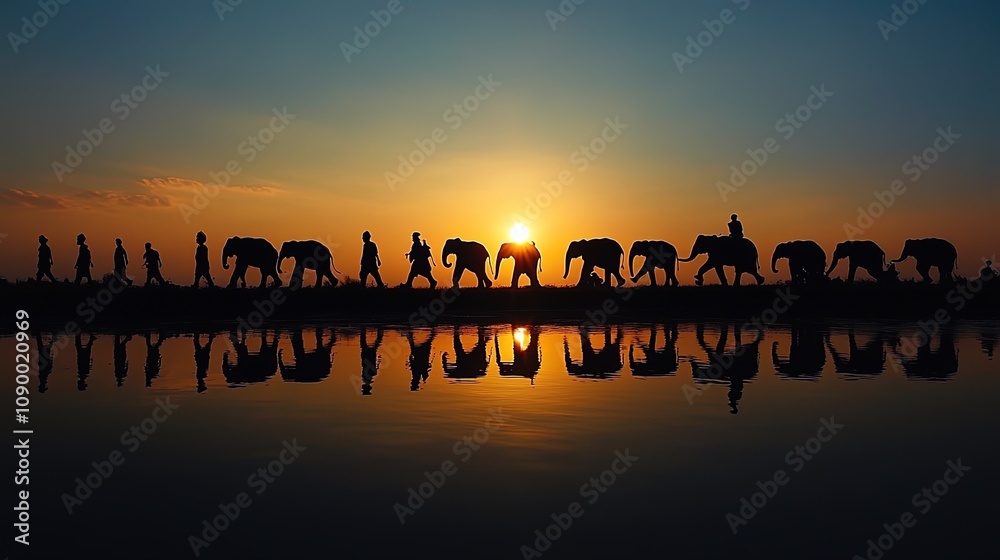 Fototapeta premium Silhouette of parade of people and elephants is a long straight line. The front is a water reflect. The back is the evening sun. 