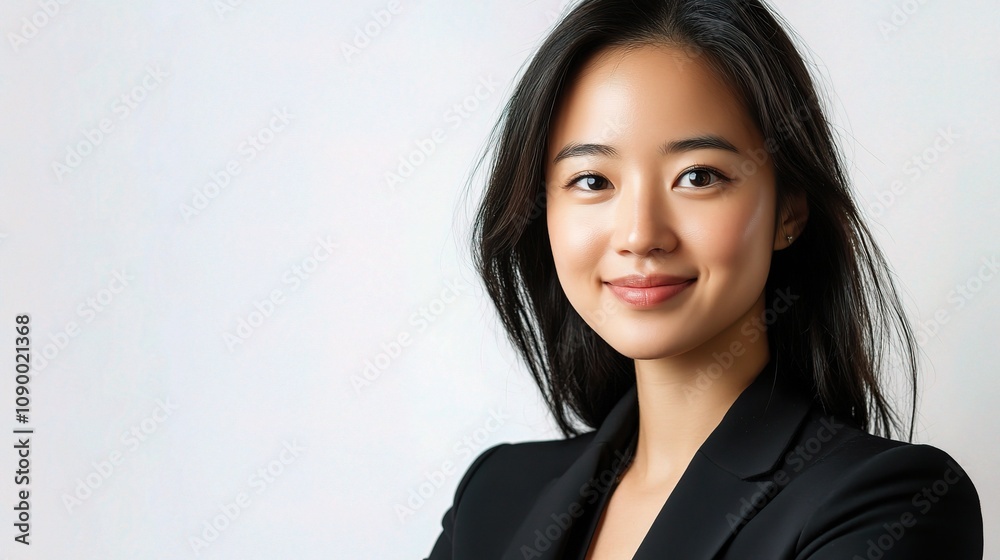 Professional young woman smiling confidently in a stylish black blazer, showcasing approachable elegance in a neutral background, perfect for corporate or business-related themes. Professional young woman smiling confidently in a stylish black blazer, showcasing approachable elegance in a neutral background, perfect for corporate or business-related themes.