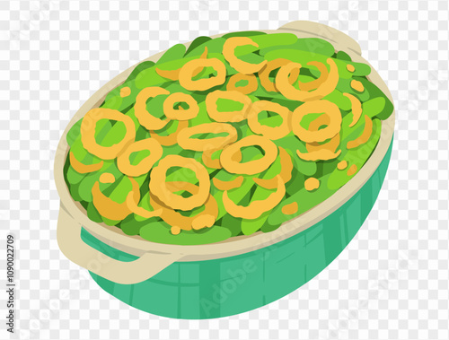 Green bean casserole topped with crispy fried onions on a transparent background. Perfect Thanksgiving side dish. vector