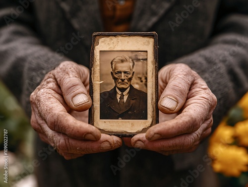 Veterans hands holding cherished photograph in remembrance photo