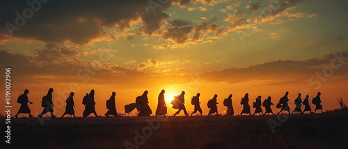 Convoy of refugees walking on a dusty road at sunset with silhouetted figures against a golden sky photo