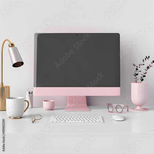 minimal stylish modern workspace with pc computer mockup and office accessories on table with white shades, text area, png photo