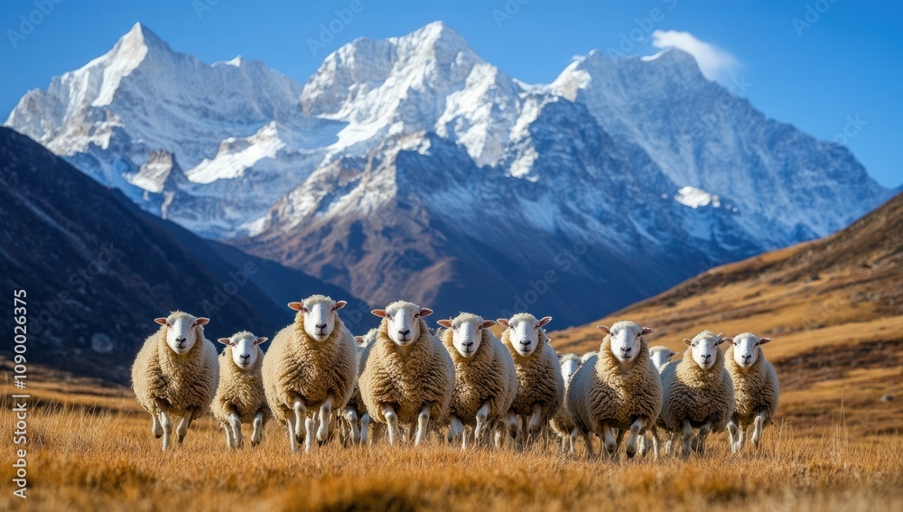 Obraz premium Sheep Herd in Front of Majestic Mountain