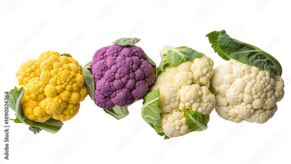 Obraz premium Set of cauliflower green yellow purple and white color isolated on white background as transparent. PNG. AI GENERATED