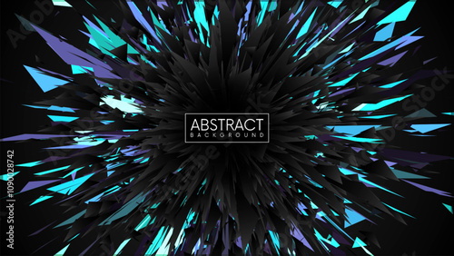 Abstract futuristic black dynamic explosion with colorful sharp blue cyan triangles. Tech-inspired geometric composition background with broken dark geometric triangular shapes. Vector illustration