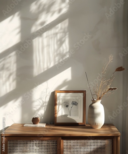 Frame mock up on Living Room, Minimalist Corner with Soft Shadows and Artistic Decor- Generative Ai