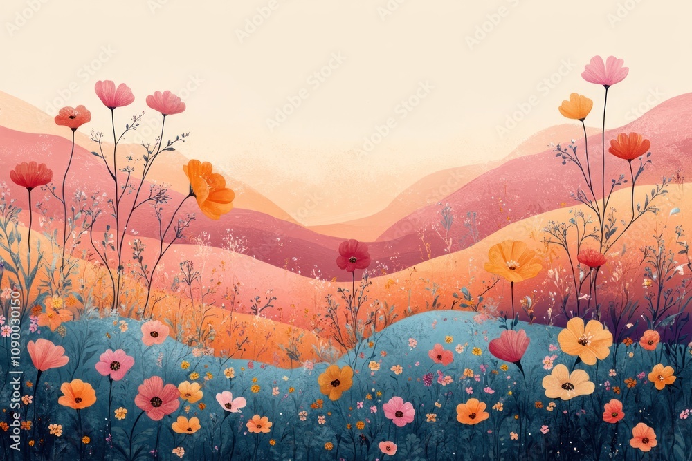 Fototapeta premium Floral Landscape with Warm Hues and Rolling Hills
