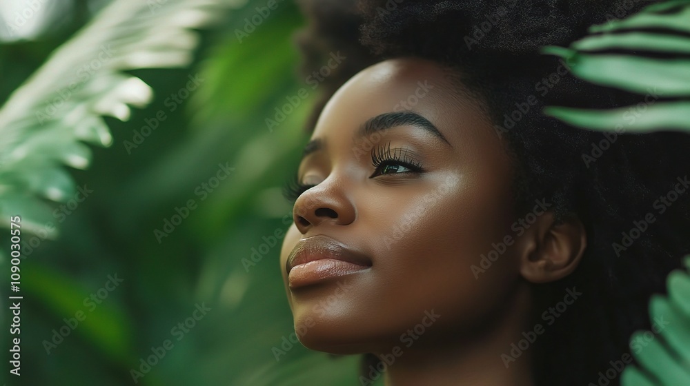 Serene Portrait of a Young Woman Amidst Lush Greenery, Emphasizing Natural Beauty and Tranquility in an Outdoor Setting with Vivid Foliage Serene Portrait of a Young Woman Amidst Lush Greenery, Emphasizing Natural Beauty and Tranquility in an Outdoor Setting with Vivid Foliage