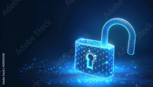 A glowing, digital padlock appears unlocked against a dark background, symbolizing cybersecurity and data protection.